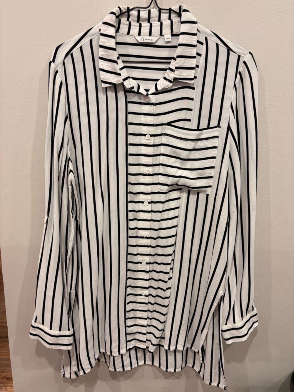 335. Reitmans Black and White Vertical Stripe Button-Down Shirt - Picture 3 of 4
